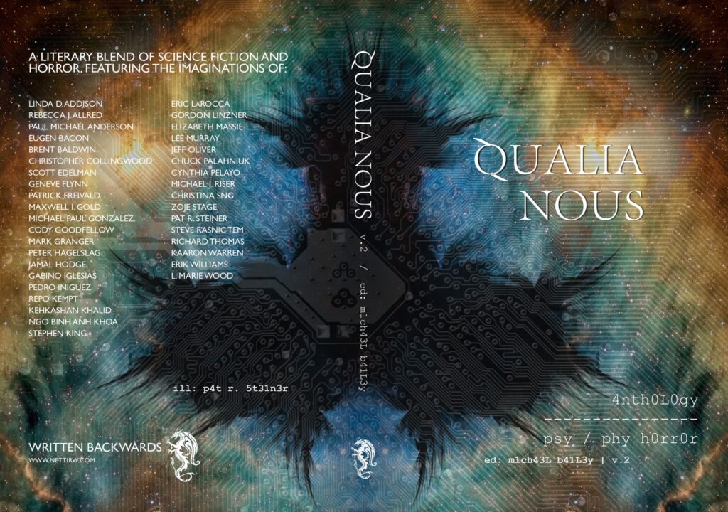 Cover of Qualia Nous vol. 2, a sci-fi/horror anthology from Written Backwards featuring Michael J. Riser, Stephen King, Chuck Palahniuk, Gabino Iglesias, Josh Malerman, and many others. It shows the title in white letters with a background of cosmic nebulae in tones of gold, blue, and black.