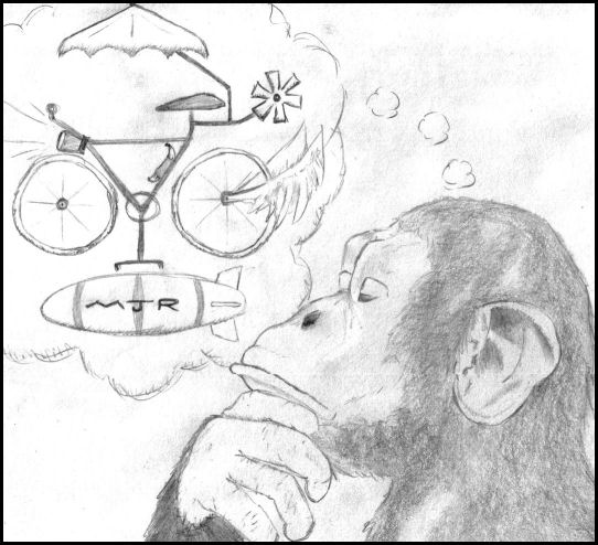 A hand-drawn pencil image by horror author Michael J. Riser showing a monkey with its hand on its chin as though in deep thought. A thought bubble to the upper left shows a bicycle with wings on one wheel, a spinning widget of some kind by the seat, and an umbrella above it. Below is attached a small blimp, with the initials MJR written on it.